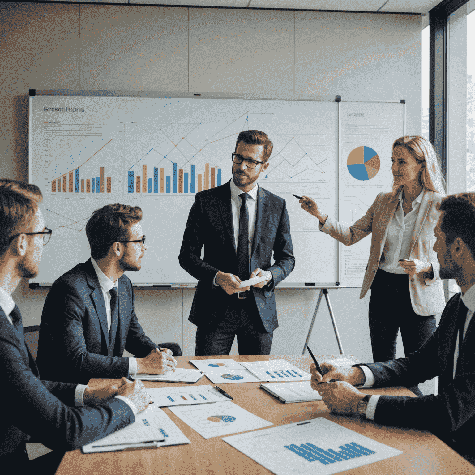 A group of business professionals in a meeting room, discussing strategies and plans, with charts and graphs on a whiteboard in the background