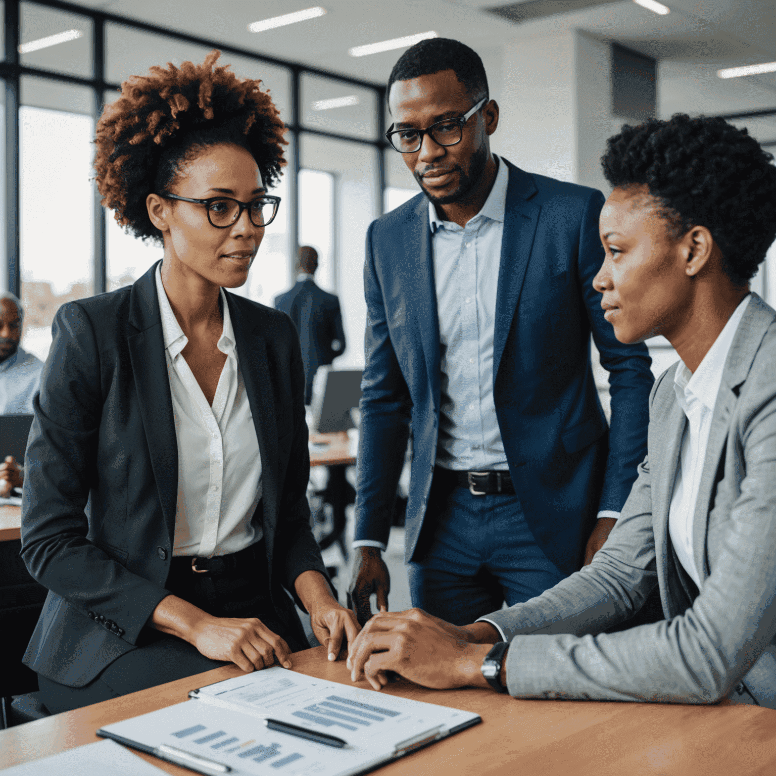 Businesspeople discussing digital transformation strategies in a modern office setting in South Africa