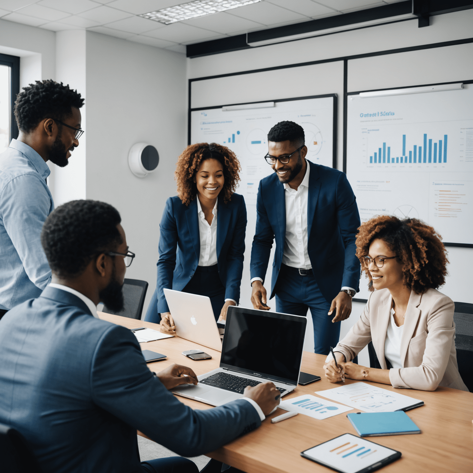 A diverse team of management consultants collaborating on a digital transformation strategy for a client, using laptops, tablets, and whiteboards to analyze data and develop solutions.