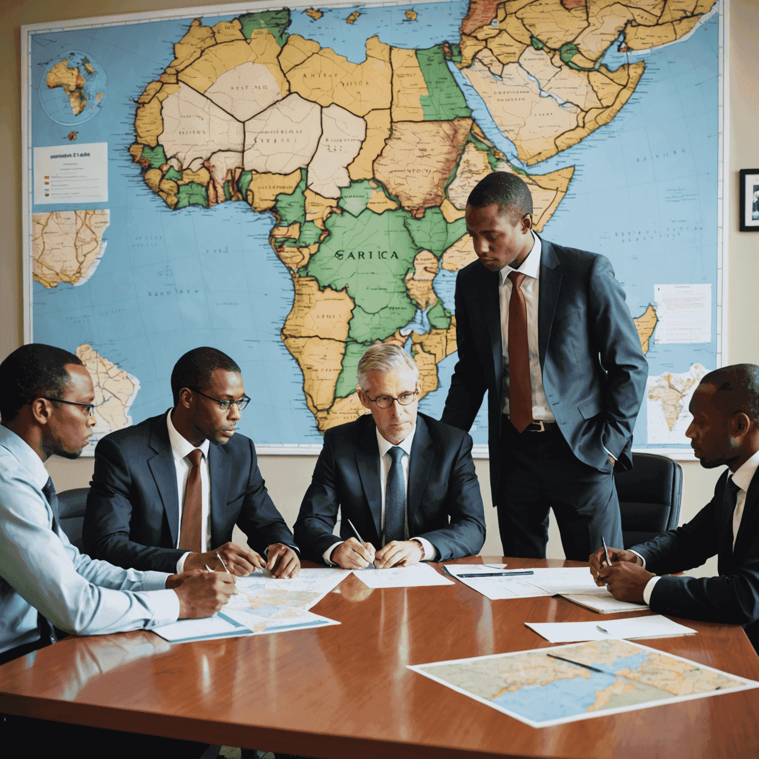 A team of business consultants discussing strategy around a conference table, with a map of South Africa in the background