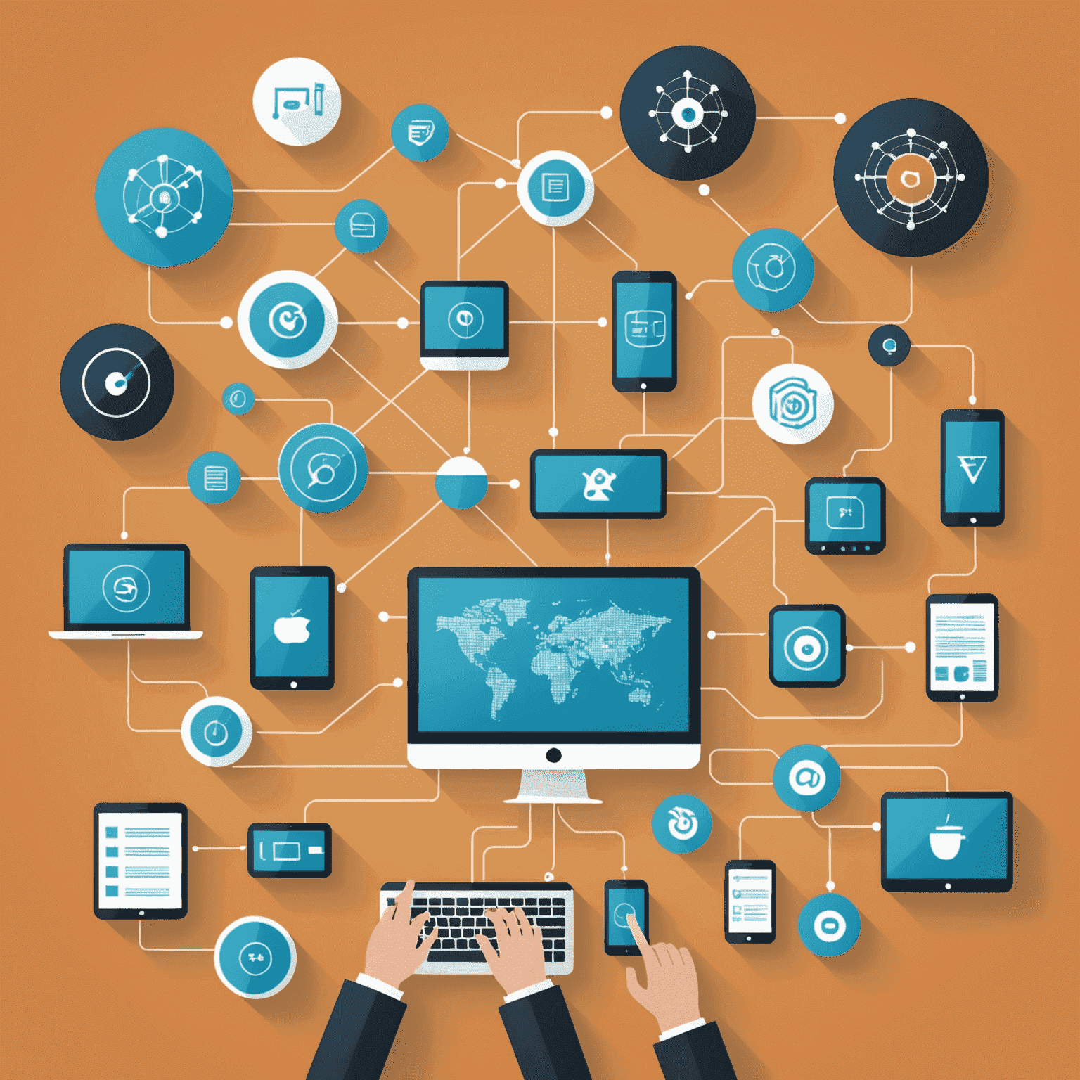 An illustration depicting various elements of digital transformation, such as connected devices, data visualization, and automation