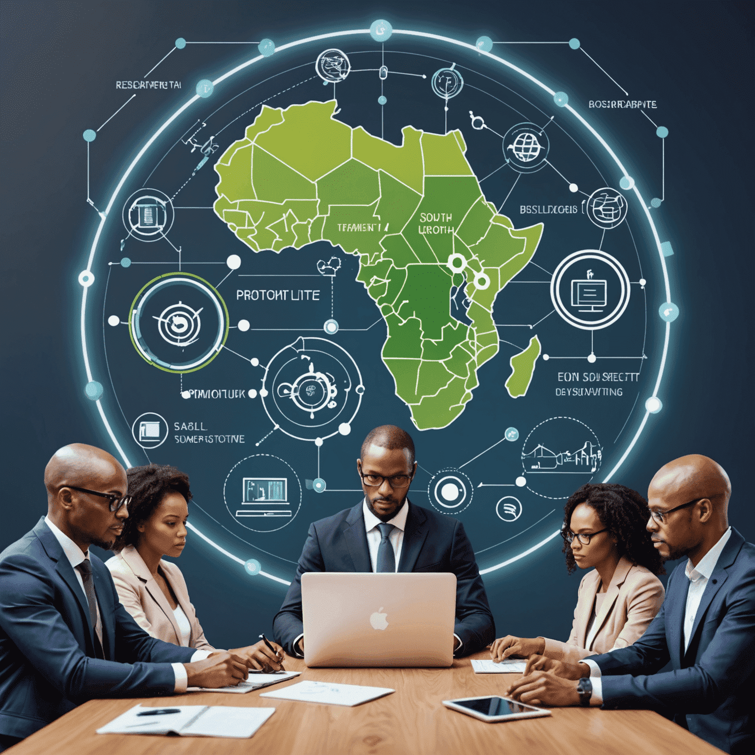 Illustration of digital transformation trends in South Africa, showing businesses adopting new technologies and strategies to stay competitive