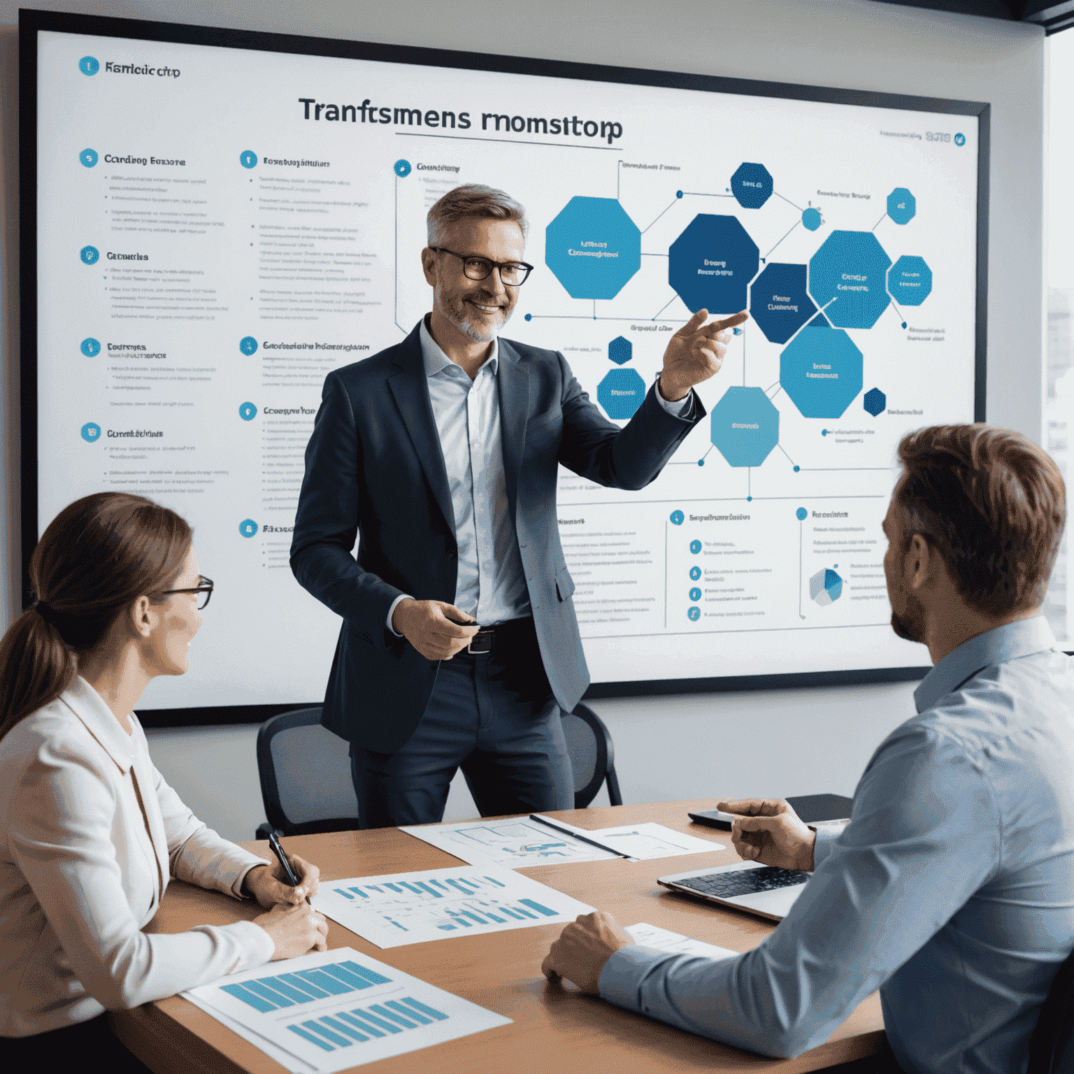 A management consultant presenting a detailed digital transformation roadmap to a client's executive team, outlining key initiatives, timelines, and expected benefits.