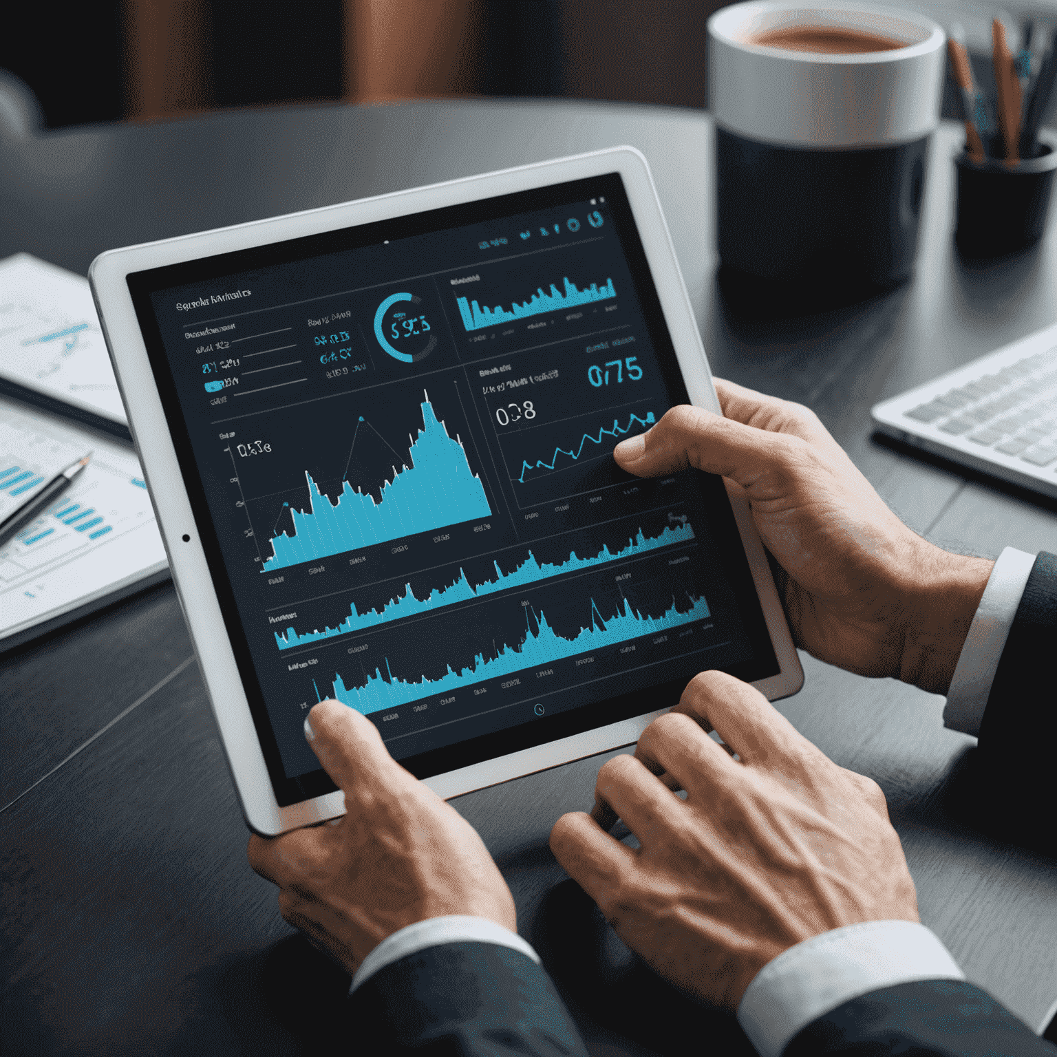 A person using a tablet with digital interfaces and charts