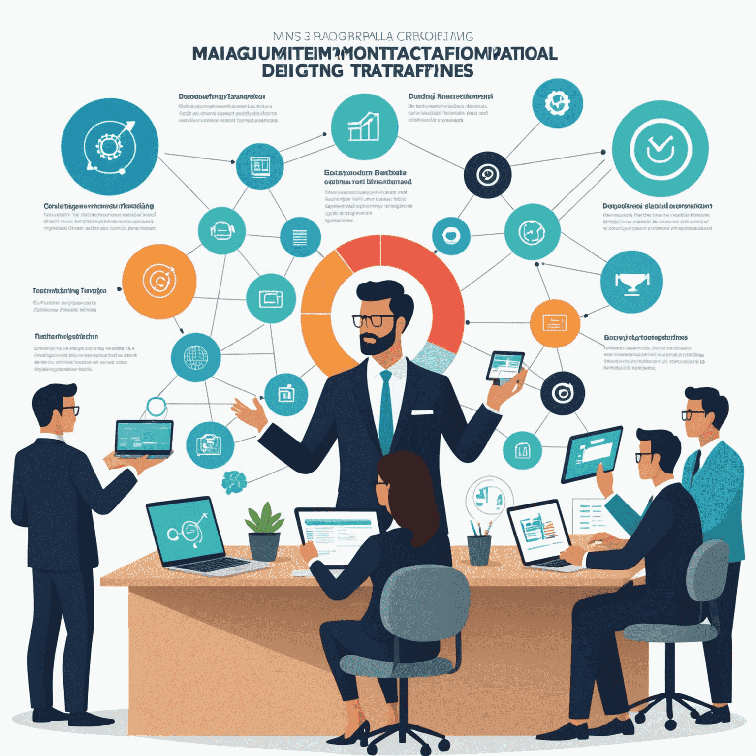 Graphic showing management consulting firms helping businesses develop and implement digital transformation strategies