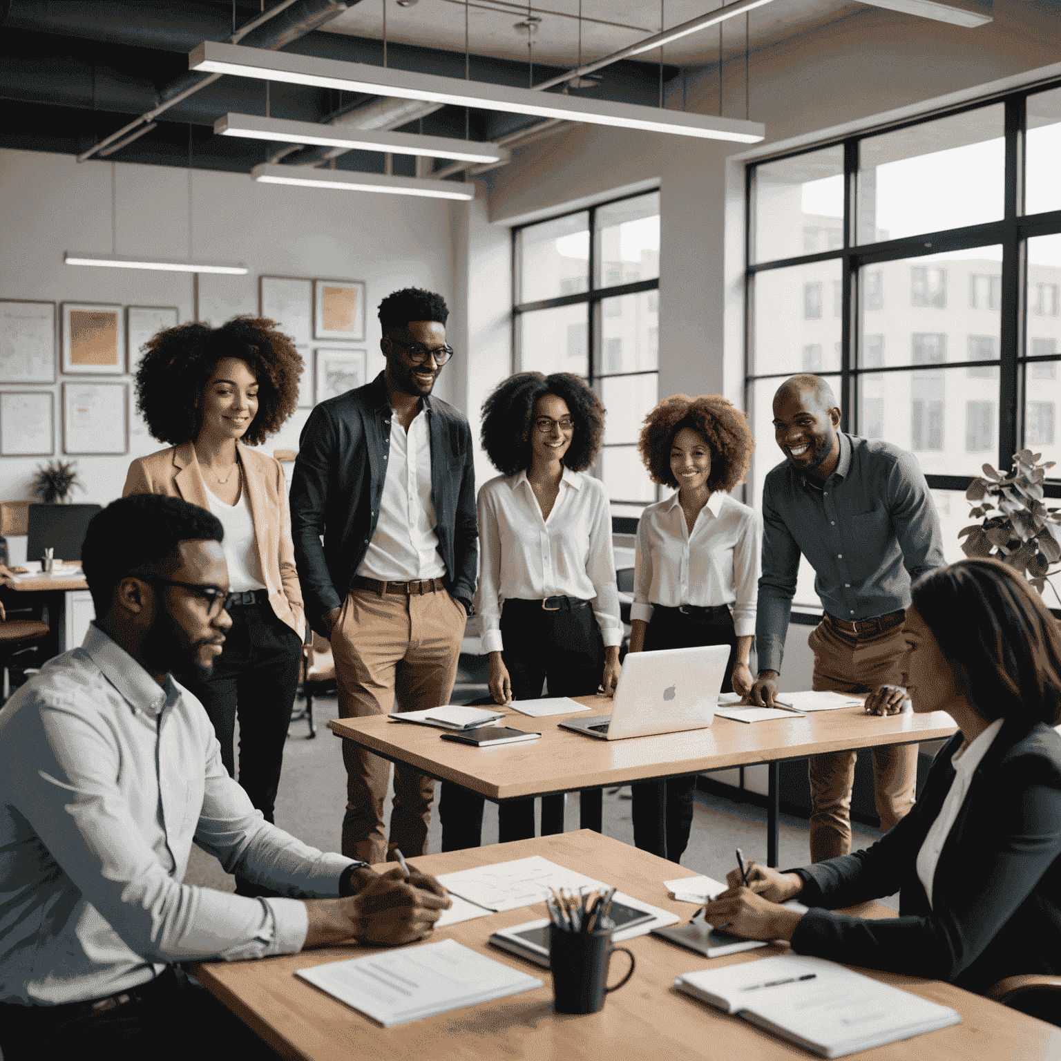 A diverse group of employees collaborating in an office